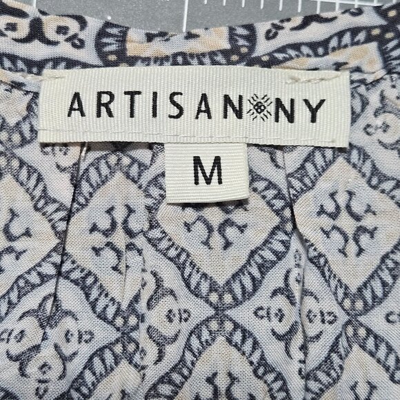 Artisan Ny Womens 3/4 Sleeve Boho Printed Blouse M 100% Rayon Blue & White - Picture 3 of 12